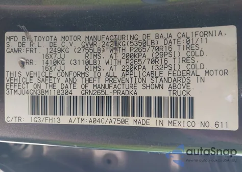 2011 Toyota Tacoma Prerunner V6 from USA, damaged, VIN 3TMJU4GN3BM118304